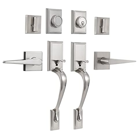 NeuType Double Door Lock Set Double Door Handle Set Front Door Handle Sets,Entrance Handle Set with Dummy,with Single Cylinder Deadbolt and Lever Handle, Satin Nickel Cover