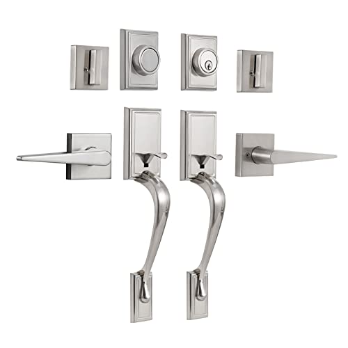 Neutype Double Door Lock Set Double Door Handle Set Front Door Handle Sets,Entrance Handle Set With Dummy,With Single Cylinder Deadbolt And Lever Handle, Satin Nickel #TOP8