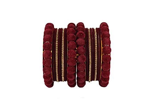 Image of NMII Stylish Metal with Golden Zircon Stone & Velvet Balls Bangles Set For Women and Girls | Fancy Designer Bangles | Short Velvet Chuda Set | Women's Fashion Jewellery