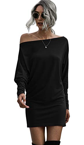 chouyatou Women's Sexy Off Shoulder Loose Dolman Stacked Sleeve Knit Short Sweat Dress (Medium, Black)