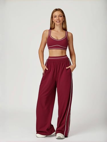 OMEWEE Womens Wide Leg Sweatpants Side Fashion Contrasting Lines Pants Drawstring Athletic Cotton Pants red L — view 3