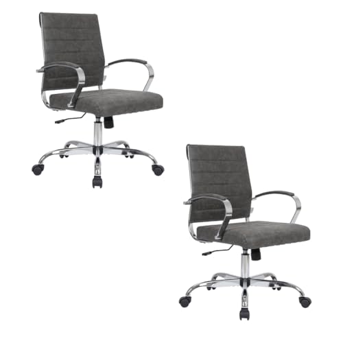 Image of LeisureMod Benmar Leather Office Desk Chair, Mid-Back Ergonomic Swivel Chair with Lumbar Support, Adjustable Height, Tilt Lock, Cushioned Seat & Back, Home Office Task Chair (Charcoal, Set of 2)
