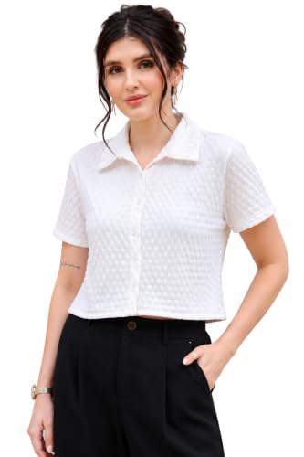 Image of Zilcon Women's Textured Polo Collar Shirt | Short Sleeve Button-Down Casual Crop Top | Soft Stretch Everyday Fashion Shirt