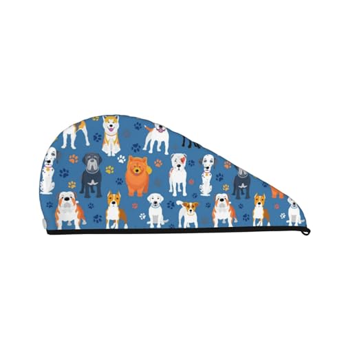 ADovz Cartoon Dog Pattern Hair Towel Wrap for Women Coral Velvet Dry Hair Cap Hair Drying Towel with Button Super Absorbent Quick Dry Hair Turban for Wet Hair, Curly Hair, Anti Frizz Hair Wrap Towel