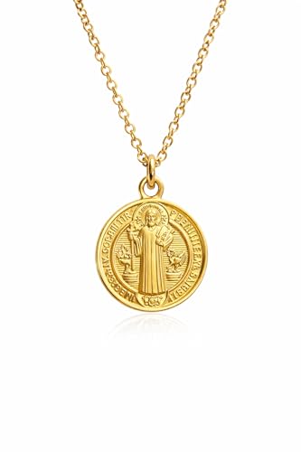 MAJALE_ Collar Medalla de San Benito con baño de plata o oro   Amuletos de Proteccion   Se envía en una cajita   Espiritual – Medalla Religiosa Hombre y Mujer (Oro_ 14mm)