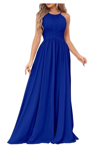Damen Neckholder Brautjungfernkleider für Hochzeit Plissee A-Linie Chiffon Lang Formelles Abendkleid, königsblau, 48 Plus