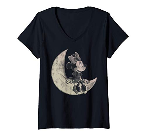 Femme Disney Mickey Minnie On The Moon T-Shirt avec Col en V