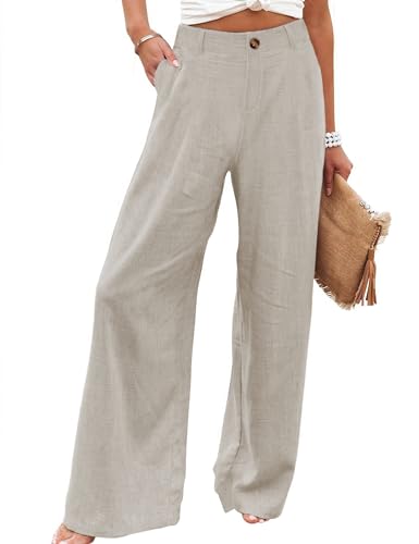 Hooever Womens Cotton Linen Pants Casual Button Up High Waisted Wide Leg Trousers