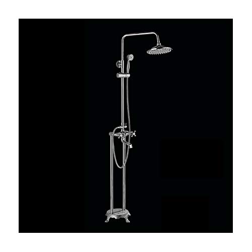 自立式浴槽用蛇口 アンティーク真鍮 床置き式 滝型浴槽用蛇口セット 多機能 デュアルハンドル バスシャワーミキサータップ ハンドヘルドシャワー付き レインファ ブラッシュドニッケル