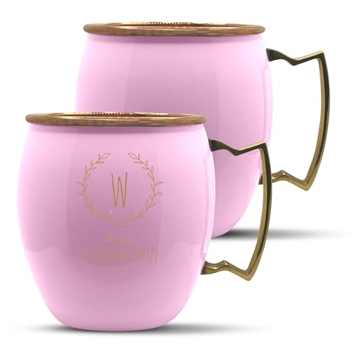 Custom 100% Copper Moscow Mule with Smooth Painted Finish - Engraved Bar Style Cup with Personalized Groomswomen Monogram with Floral Arch Themed Engraving, Brass Handle | 18 oz, Pink | Set of 2
