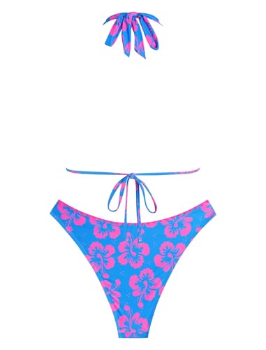 Image of ZAFUL Women Halter Dual Straps Whip Stitch Floral Triangle Bikini Swimsuits | Color Block Whip Stitches Trim, Halter Dual Shoulder Straps, Popular Floral Print, Cheeky Bikini Bottom, Tie Back