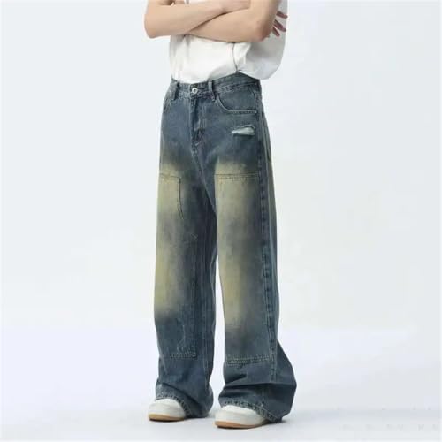 Men Make Old Jeans Patchwork Pocket Denim Pants Wide Leg Trousers4