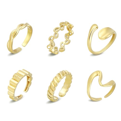 wgoud 6PCS Dome Chunky Gold Rings for Women Waterproof, 14K Gold Plated Braided Twisted Stackable Signet Rings, Adjustable Open Ring Band Statement Jewelry Gift