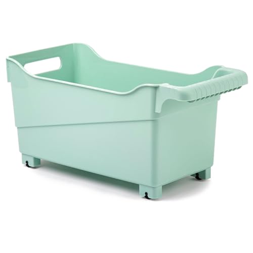 Tradineur - Carrito de plástico con Ruedas y asa - N.º 4 - Cesta Organizadora para Productos de Limpieza, Baño, Cocina - Color Verde Pastel