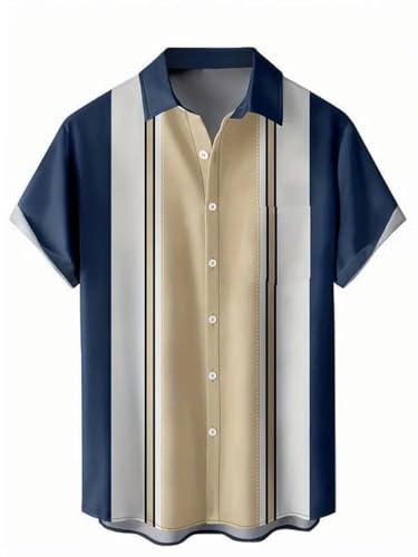 Men's Retro Lapel Striped Loose Short Sleeve Shirt3