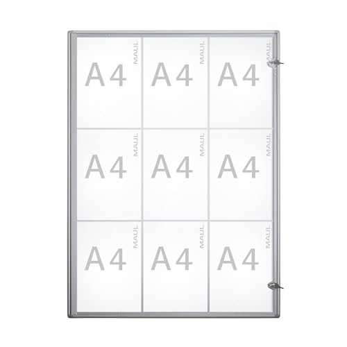 MAUL Schaukasten A4 MAULextraslim | Schaukasten Vitrine mit 9x DIN A4 Seiten | Infotafel mit Aluminiumrahmen und Glastür | Platzsparende flache Bauweise | Abschließbar mit Schloss | Aluminium