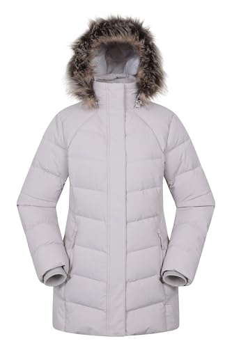 Mountain Warehouse Isla II Womens Down Jacket - Water Resistant Puffer Coat with Faux Fur Trim Hood, Zipped Pockets & Thermal Tested -35 °C - For Winter & Outdoors Light Beige Women's Size 12