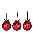 Rae Dunn Christmas Ornaments - Set of 3 Red Glass Balls - Live, Laugh, Love - 100mm / 3.94 Inch Large Hanging Holiday Decorations for Xmas Tree