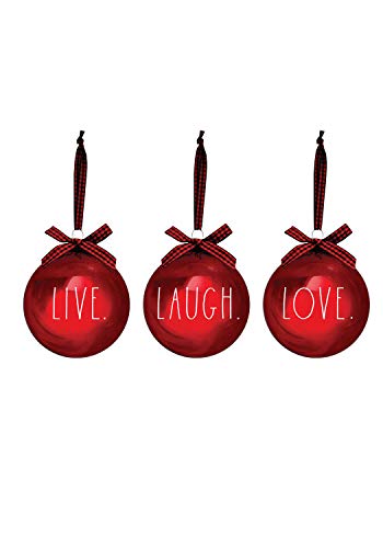 Rae Dunn Christmas Ornaments - Set of 3 Red Glass Balls - Live, Laugh, Love - 100mm / 3.94 Inch Large Hanging Holiday Decorations for Xmas Tree