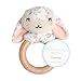 Pearhead Easter Bunny Wooden Baby Teether Rattle – Natural Wood Ring with Plush Infant Sensory Toy, BPA-Free Gum Soother for Newborns 0+ Months, Easter Basket Stuffer