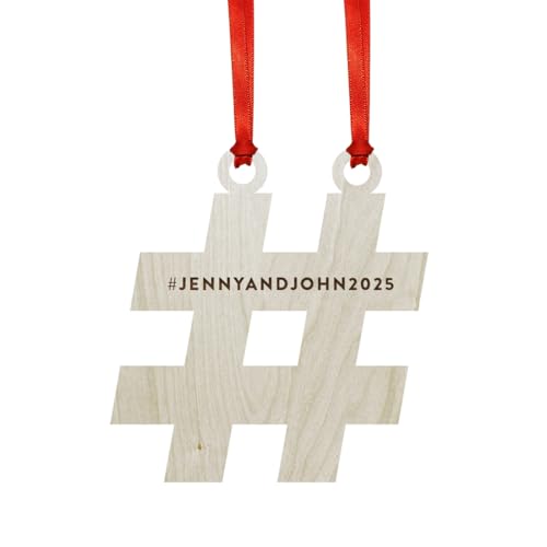 Andaz Press Personalized Laser Engraved Wood Christmas Ornament with Gift Bag, Bride and Groom with Gift Bag, Hashtag Shape, 2026, Custom Name, 1-Pack