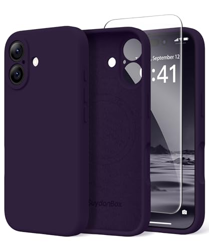 Image of Magnetic for iPhone 16 Case, Compatible with MagSafe, [Screen Protector + Full Camera Protection], Silicone Shockproof Anti-Scratch Protective Phone Case for iPhone 16 6.1 inch, Deep Purple