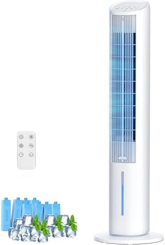 4 in 1 Evaporative Air Cooler, 45'' Portable Air Conditioner, 3 Wind Speed Standing Bladeless Tower Fan, 5m Remote Control Range, Removable 3L Water Tank, 12H Timer, Cooling Fan for Bedroom, Office