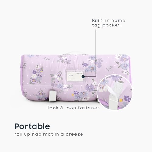 Image of Wake In Cloud - Toddler Nap Mat with Pillow and Blanket, 100% Cotton Fabric, for Kids Girls Ages 3 Plus in Daycare Kindergarten Preschool, Roll Up Sleeping Bag, Floral Flowers