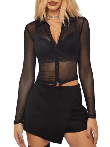 ZANZEA Women's Sexy Mesh Shirt Sheer Button Up Blouse See Through Long Sleeve Crop Top