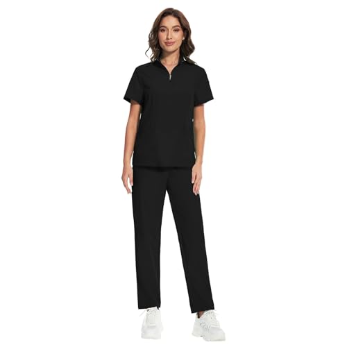 niaahinn Scrub for Women Set Collar Neck Scrub Top & Cargo Pants, 4-Way Stretch, Yogga Waistband (Black,S)