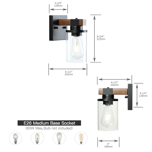 Image of Wonlity-Bathroom Vanity Light Fixtures Over Mirror, 1-Light Black and Wood Grain Color Bathroom Lights, Wall Sconces with Clear Glass Shade for Hallway Farmhouse Bedroom Living Room Staircase Kitchen