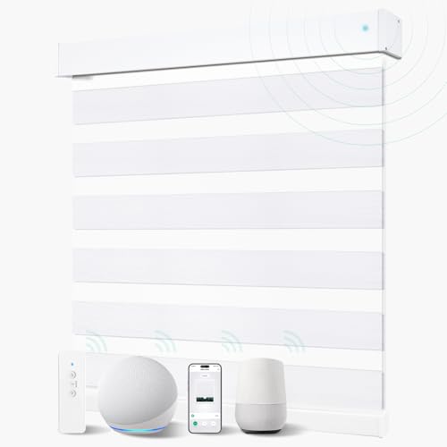 Motorized Blinds with Remote, 95% Blackout Smart Electric Zebra Shades, Automatic Blinds for Window Compatible with Alexa Google for Home Office, and Customized, White