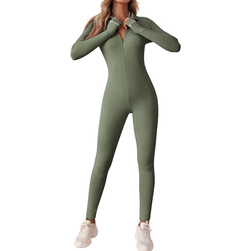 OEAK Damen Sport Jumpsuit Lang Eng Yoga Overall Langarm V-Ausschnitt Playsuits mit Reißverschluss Einteiliger Strampler Slim Fit Trainingsanzug,Grün,S