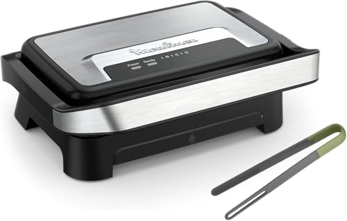 Moulinex Inicio Compact, plancha para paninis y grill, 1000 W, placas de cocción antiadherentes, apertura ajustable, acabado Inox, incluye pinzas, diseño compacto y fácil de usar, GI2710M