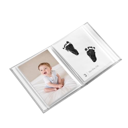 Baby Inkless Milestone Cards Photo Album–Clear Pages, Linen Cover with Front Window, Small Brag Book Photo Album for Kids, Portable Baby Photo Albums, Newborn Baby Keepsake Gifts