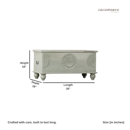 Image of Rafi Wooden Trunk Box for Storage | Solid Wood Coffee Table for Living Room | Center Coffee Table with Storage | Front Wooden Carved Sandook Pitara for Home Decor & Bedroom (Green Ela)