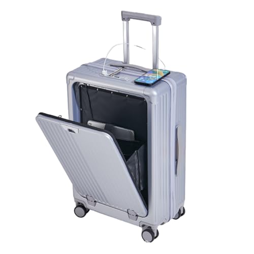 Zipperless Luggage,Travel Carry On Luggage,Front Opening Zipperless Aluminum Frame Suitcase,TSA Lock, 360° Spinner Wheels,USB Port, Cup & Phone Holder (Silver, 20.8inch)