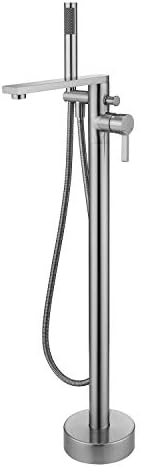 Wowkk Freestanding Bathtub Faucet Tub Filler Brushed Nickel Floor Mount Brass Single Handle Bathroom Faucets with Hand Shower