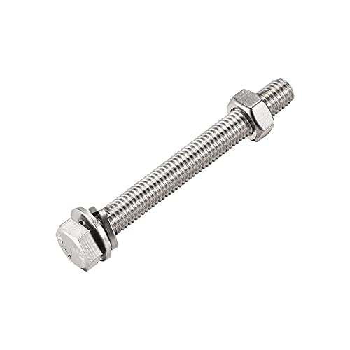 Image of uxcell M10 x 90mm Hex Head Screws Bolts, Nuts, Flat & Lock Washers Kits, 304 Stainless Steel Fully Thread Hexagon Bolts 6 Sets
