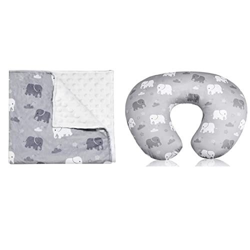 Image of TANOFAR Minky Baby Blanket & Nursing Pillow Cover Grey Elephant, Receiving Blanket with Dotted Backing Breastfeeding Pillow Slipcover for Baby