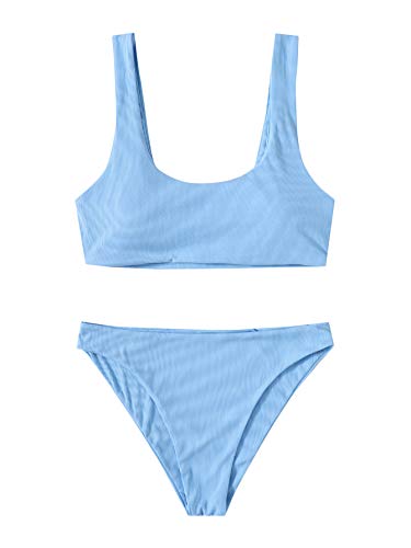 SweatyRocks Women's Swimwear Set Solid Scoop Neck High Waisted Bikini Swimsuits Pale Blue XS