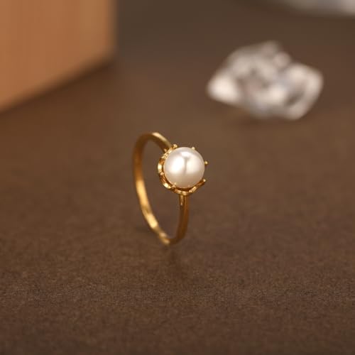 Pearl Ring for Women, 18K Gold Plated Womens Gold Rings for Bride Wedding Engagement Band Birthday Gold Rings Size 5 to 94
