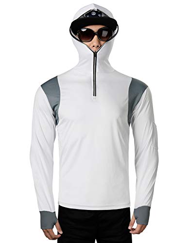 FitsT4 Men's Sun Protection UPF 40+ UV Outdoor Long Sleeve Quick Drying Mesh Fishing Shirts with Hood/Thumb Hole White S