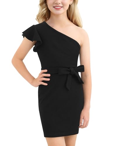21KIDS Girl's One Shoulder Ruffle Flounce Sleeve Party Birthday Dress with Belt 6-14 Years
