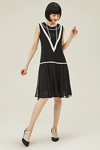 BABEYOND Robe pour femme inspirée des années 1920, style garçonne, taille basse, sans manches, en mousseline de soie, noir, Taille L – vue 3