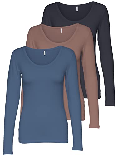 ONLY 3er Pack Damen Langarmshirt schwarz und weiß Langarm Basic Longsleeve...