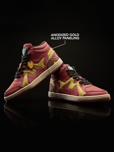 Image of The Souled Store Iron Man: Arc Reactor Men and Boys High Top Sneakers Maroon and Gold Streetwear Smooth Synthetic Cushioned Midsole Red Rubber Sole Lace Up Closure Padded Ankle Collar