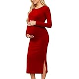 Zeiayuas Women Maternity Long Sleeve Dresses Ladies A-Line Elegant Sweater Winter Jumper Dress Elegant Csual Slim Fit Bodycon Midi Dress for Pregnancy Red