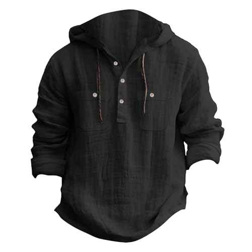 Mens Cotton Linen Hoodie Long Sleeve Lightweight Breathable Hooded Button Down Shirt Spring Fall Casual Tops2