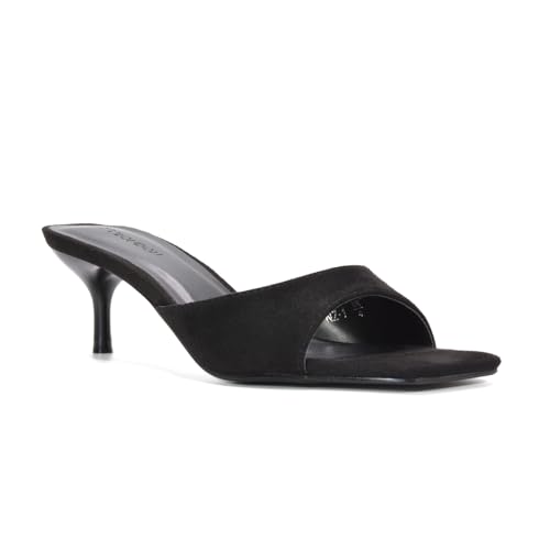 Image of ESSEX GLAM Women's Square Toe Stiletto Kitten Heel Sandals Ladies Black Faux Suede Slip On Heeled Mule Evening Party Shoes Size 3-8